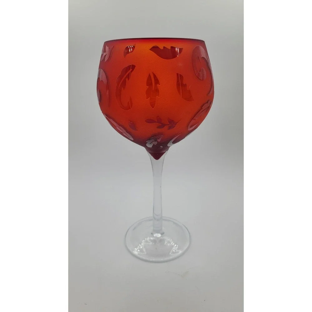 Coldwater‎ Creek Ruby Red Balloon Wine Glasses Etched Scroll & Floral - Set of 2
